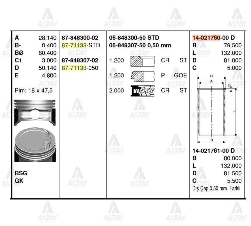 Piston Segmanlı Accent 03-06 / 06=> Era 1.6 16V Std 8771133Std