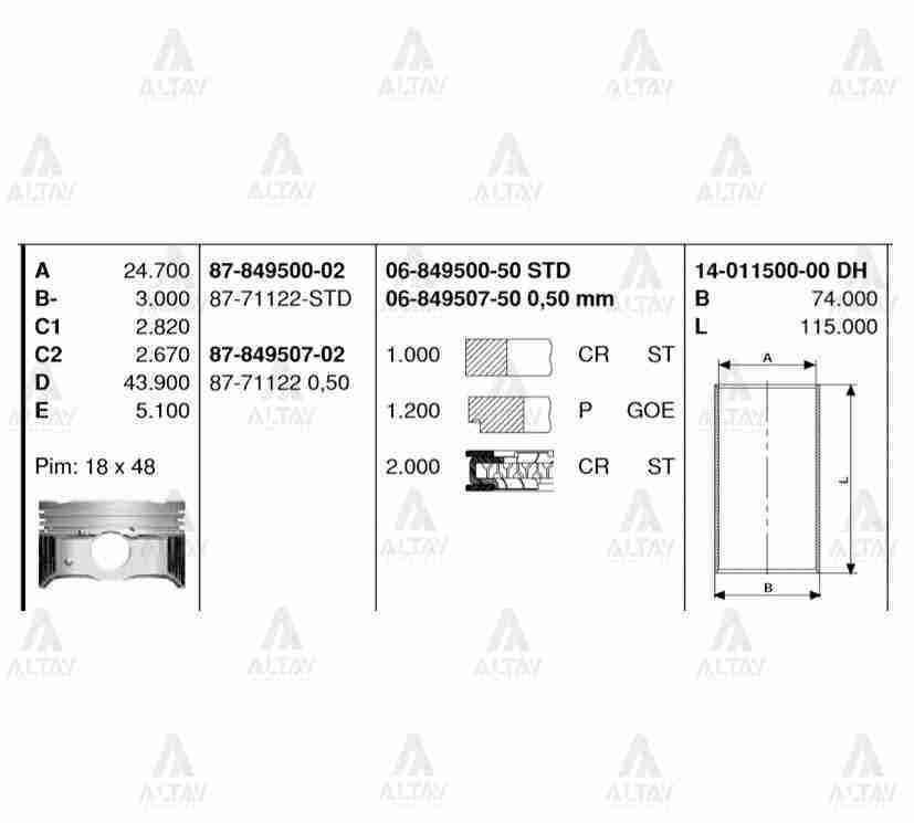 Piston Segmanlı I-20 1.2 16V 09=> 0.50 8771176050