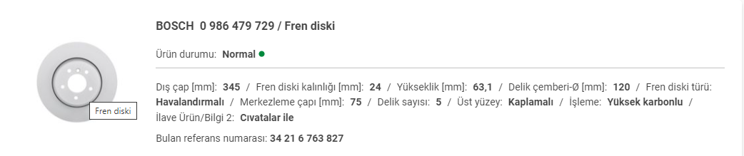 BMW E60-E63 ARKA DİSK ADET 34216763827