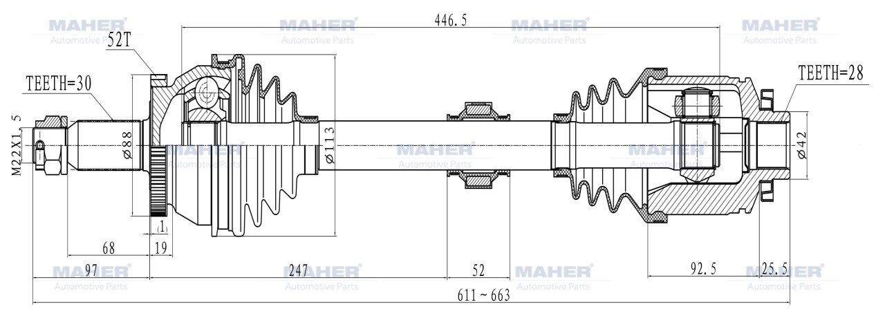 Aks Komple Ön Sorento 10-15 / Sağ A-T/M-T Dizel 2.2 Crdı Absli 52 Diş 611Mm 495012P000