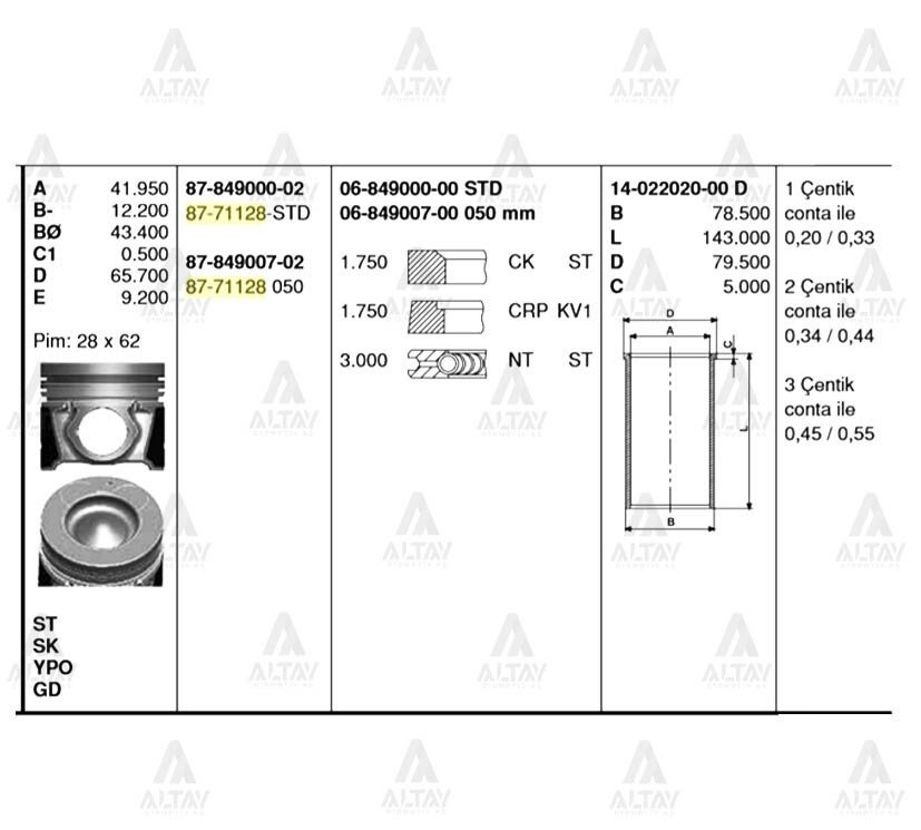 Piston Segmanlı Accent 06-11 Era Dizel / Getz 06-11 Dizel Std 8771128Std