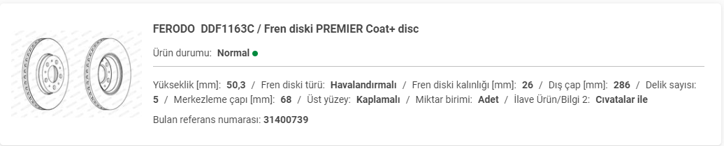VOLVO S60-S80 ÖN FREN DİSK (TAKIM) 31400739