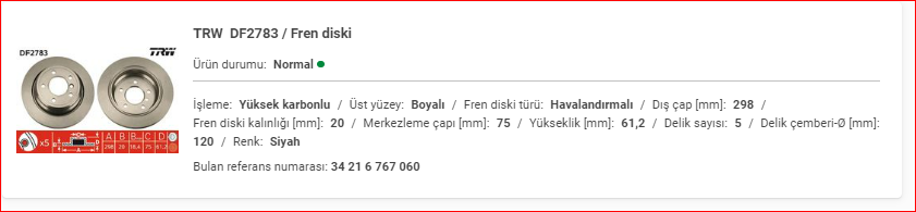 BMW E39 ARKA DİSK TAKIM HAVALI 34216767060