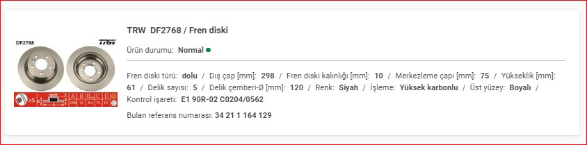 BMW E39 ARKA FREN DİSKİ DOLU TAKIM 34211164129