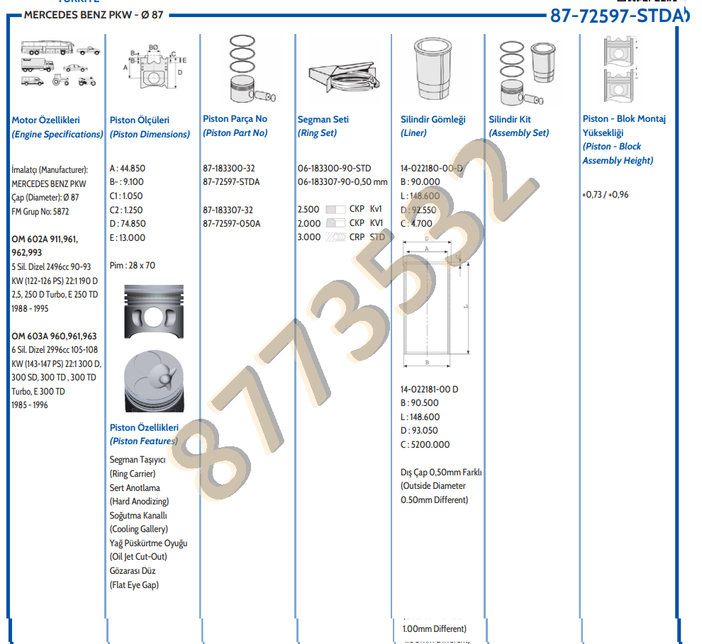 M.BENZ M602-603 Turbo Dizel 87,50mm 28pim  PİSTON 6020300117