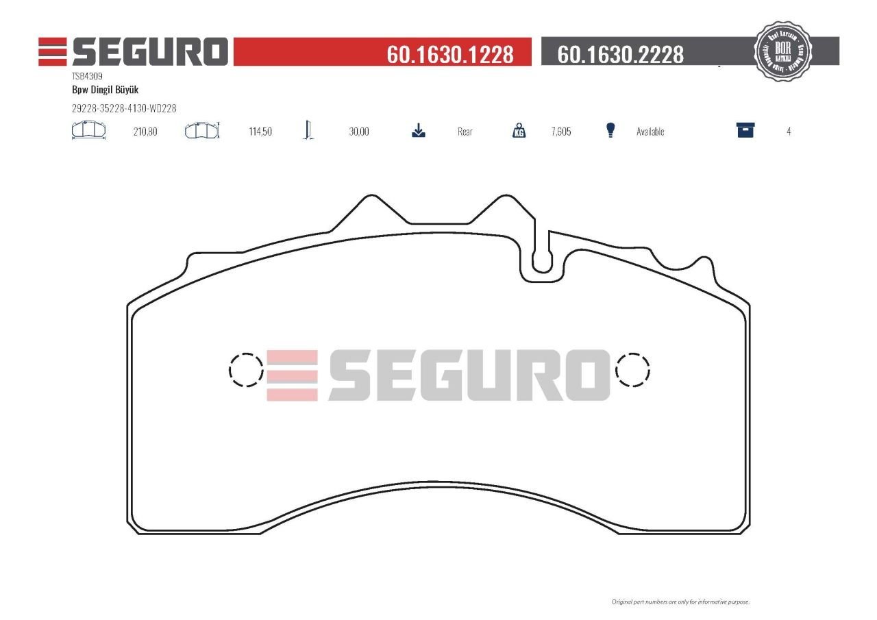 Fren Disk Balatası Bpw Dingil Büyük Tsb4309 Bpw Tsb 4309 29228 0509290130, 0980107971