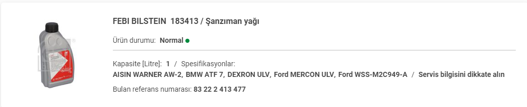 BMW F45-F48 MİNİ F56 OTOMATİK ŞAZNIMAN YAĞI (1LT) 83222413477