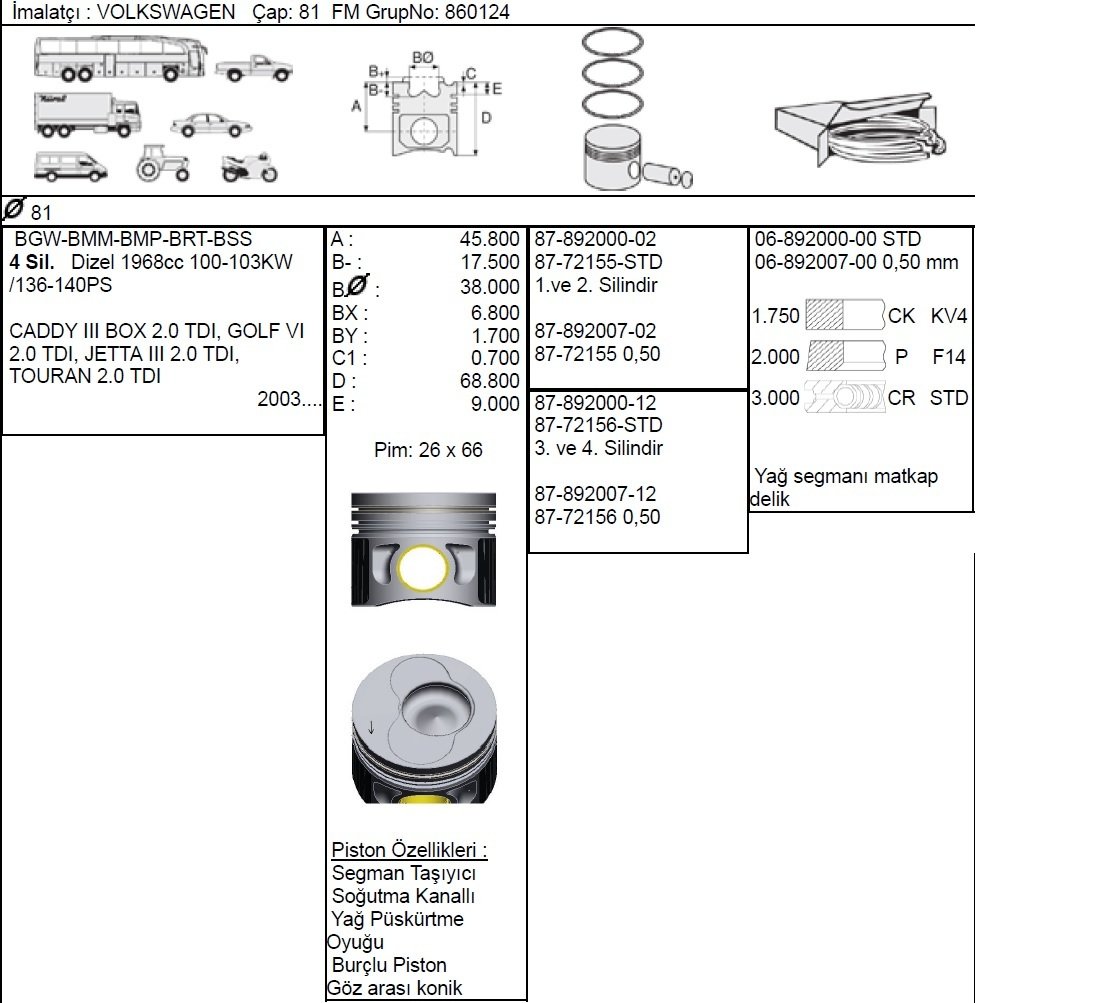Vw Caddy Iıı - Bmm  2,0  1,2 Sil Std 038107065Kk 038107065He 038107065Kj 038107065Kk