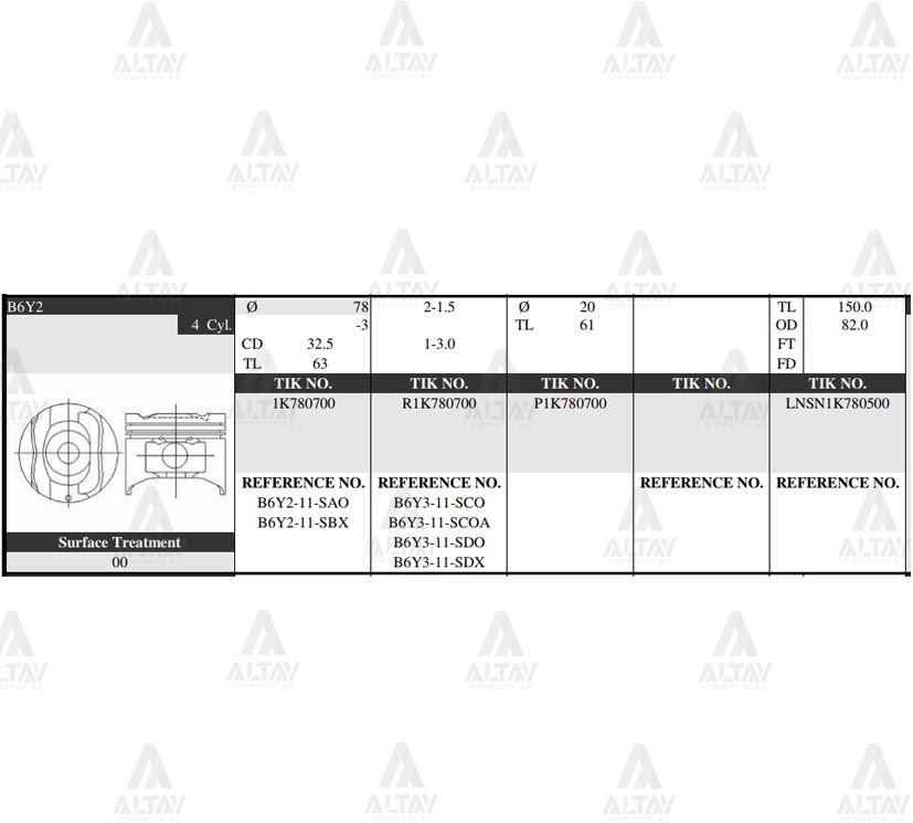 PİSTON TAKIM 323 1.6L /  90-97 / 78.50mm / B6Y2 / 0.50 B6Y2-11-SAO