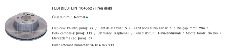 BMW G20 3.18D ÖN DİSK ADET 34106877211