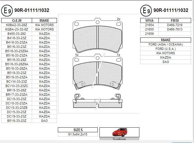FREN BALATASI ON MAZDA 323 90-95 / RIO 00-06 BRY7-33-23ZA - B5Y6-33-28Z - B5Y6-33-23Z - DCY03-32-8ZA - B5Y8-33-23Z - 1U06-33-28Z