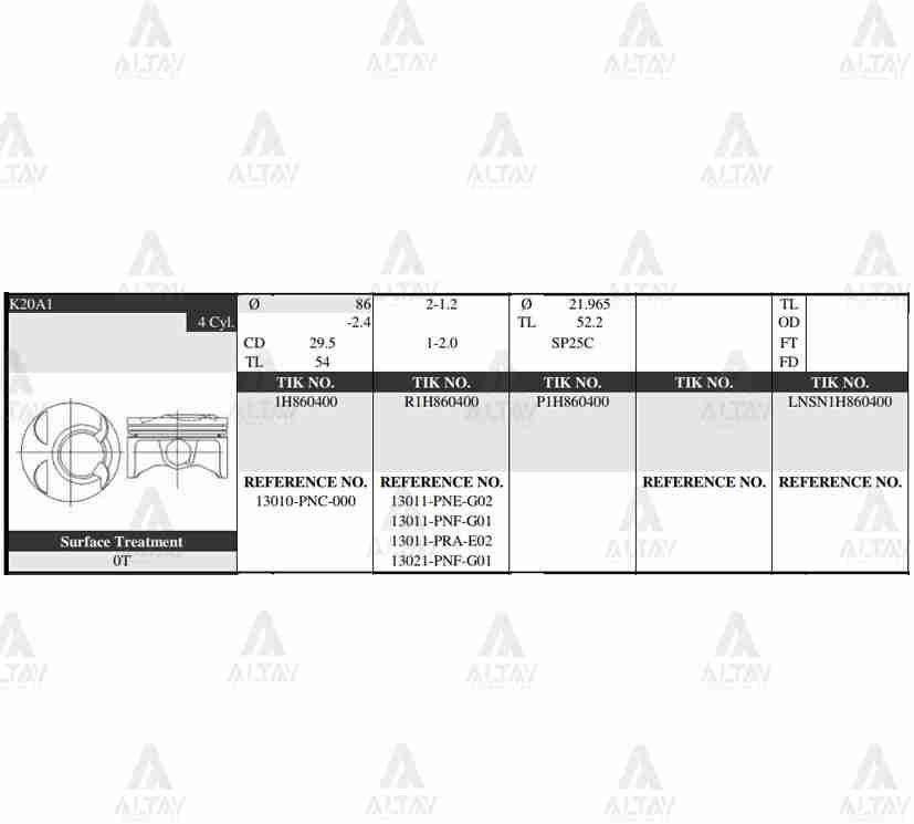 PİSTON TAKIM CRV 2.0L / 02-06 / 86.50mm / K20A / ACCORD 2.0L 03-07 / 0.50 13010-PNC-000