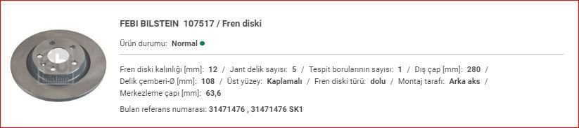 VOLVO XC40 ARKA DİSK (ADET) 31471476