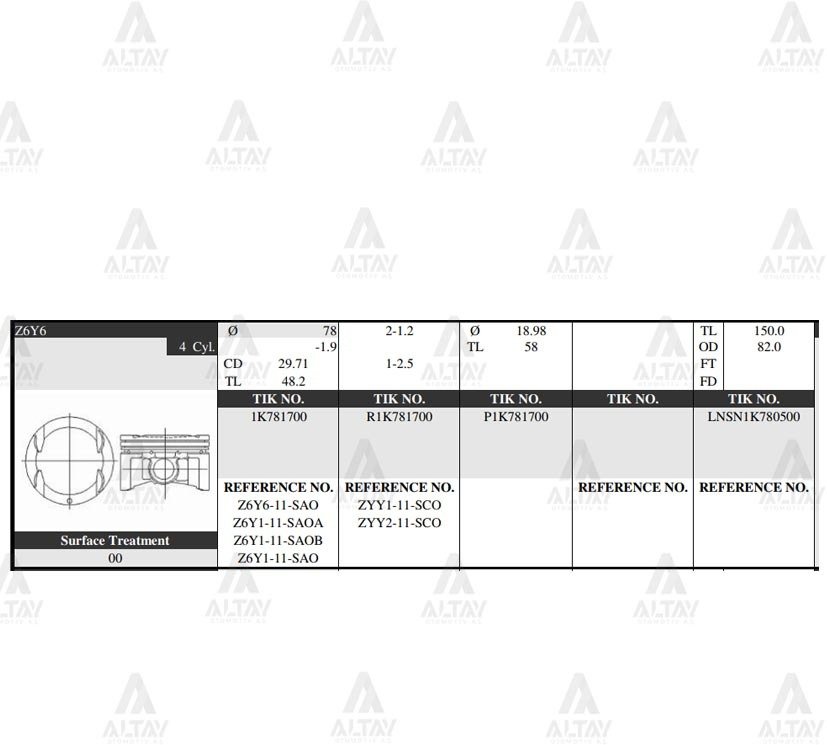 Piston Takım Mazda 3 1.6L / 03-09 / 78.00Mm / Z6Y6 / Std Z6Y111Saoa