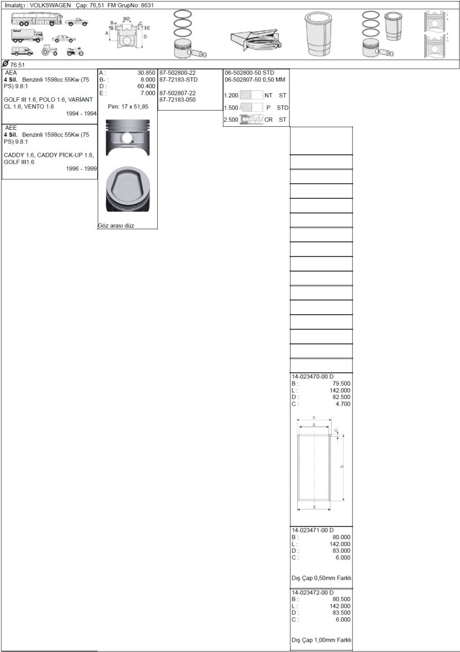 Vw Polo Aee 76,51 Mm Piston Std 032107065N