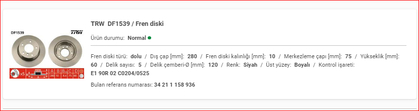BMW E36-E46 ARKA DİSK DOLU TAKIM 34211158936