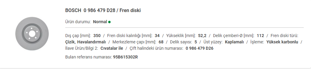 PORSCHE MACAN 2014- FREN DİSKİ ÖN SAĞ -YÜKSEK KARBON ALAŞIMLI 95B615302R